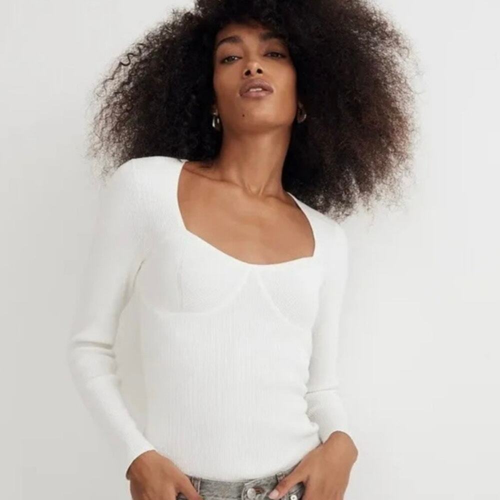 Madewell Ribbed Sweater Top White Corset Sweetheart Neckline Long Sleeve Small